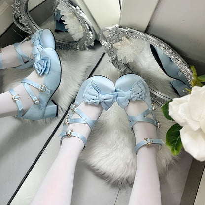 Sky Blue Elegant Mid-heel Mary Janes for Lolita with Bow Details, Cat-shaped Closure & Crisscross Design