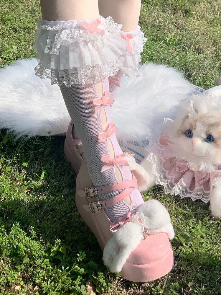 Ruffled Socks Cutout Bow Style Lolita Lace Calf Pink (Colors: