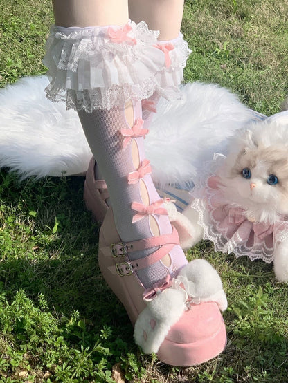 Ruffled Socks Cutout Bow Style Lolita Lace Calf Pink (Colors: