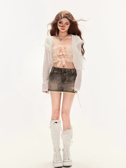 フェードウォッシュレーストリムブラックローウエストヴィンテージデニムスカート