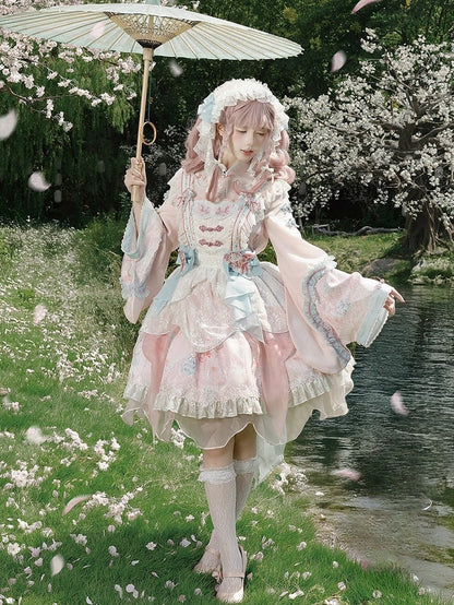 Long with Print Golden Blue Lolita and Sleeves Fish Pink Dress Floral Han