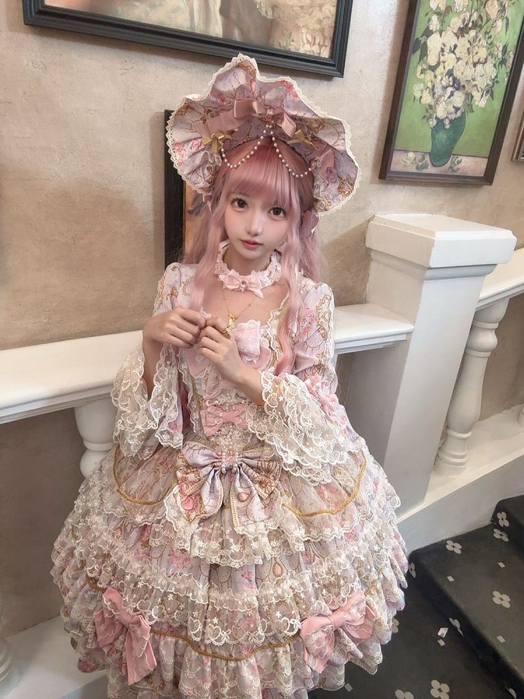 Floral Lolita OP Print Bow and Dress Purple Sleeves Trim with Bell Accents Lace