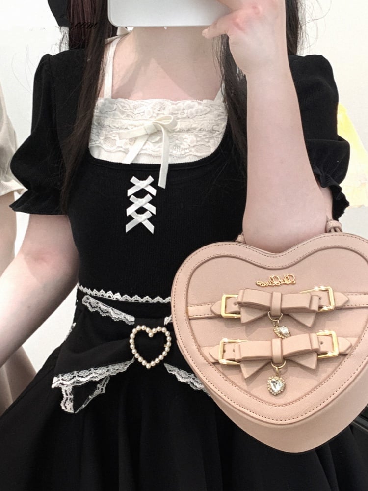 Jirai Kei Details Bowknot Trim Pink/White/Black Lace