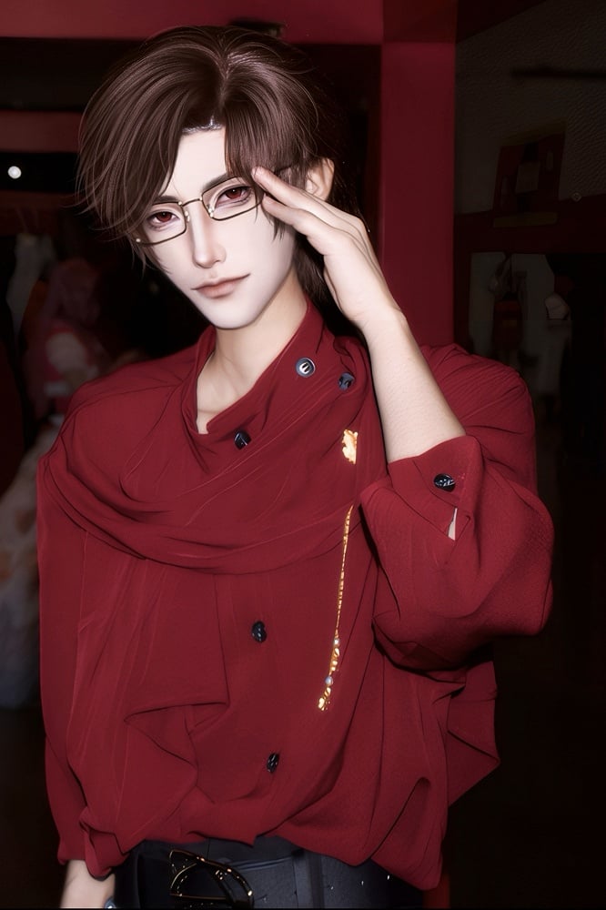 with Red Brooch Shirt and Design Golden Ribbon Leaf-shaped Vintage