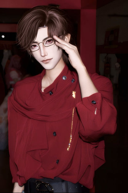 with Red Brooch Shirt and Design Golden Ribbon Leaf-shaped Vintage