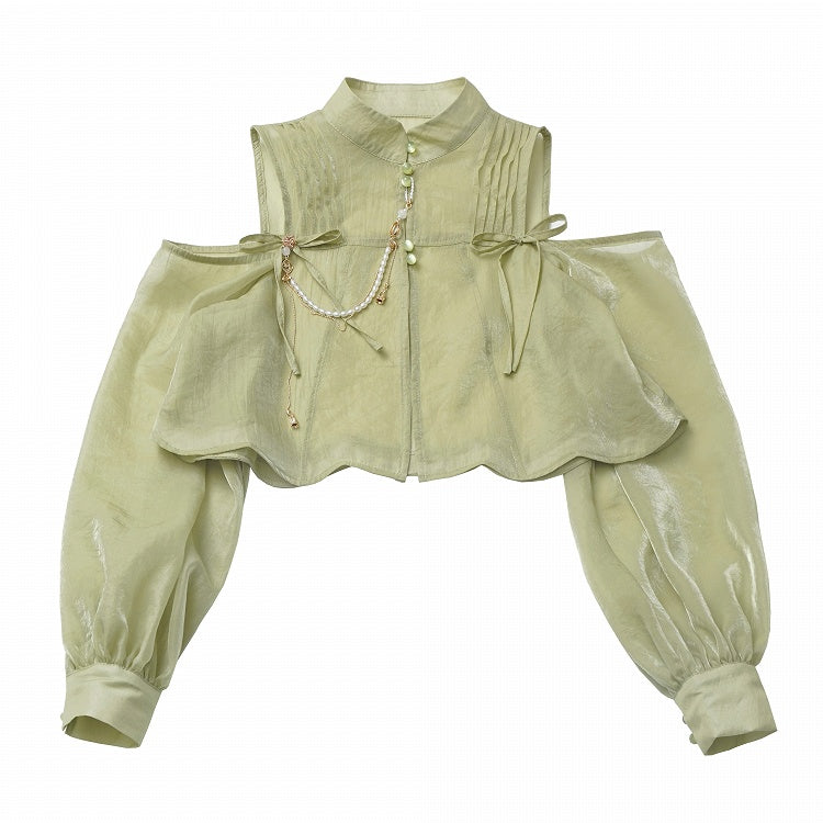 Grünes, halbtransparentes Oberteil im Cheongsam-Stil mit ausgeschnittenen Schultern und gerüschtem Ausschnitt
