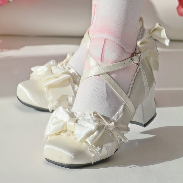 Mid-heel Toe Satin - Square Elegant Janes Accents Mary Bow Champagne Lolita