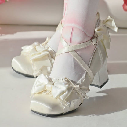 Mid-heel Toe Satin - Square Elegant Janes Accents Mary Bow Champagne Lolita