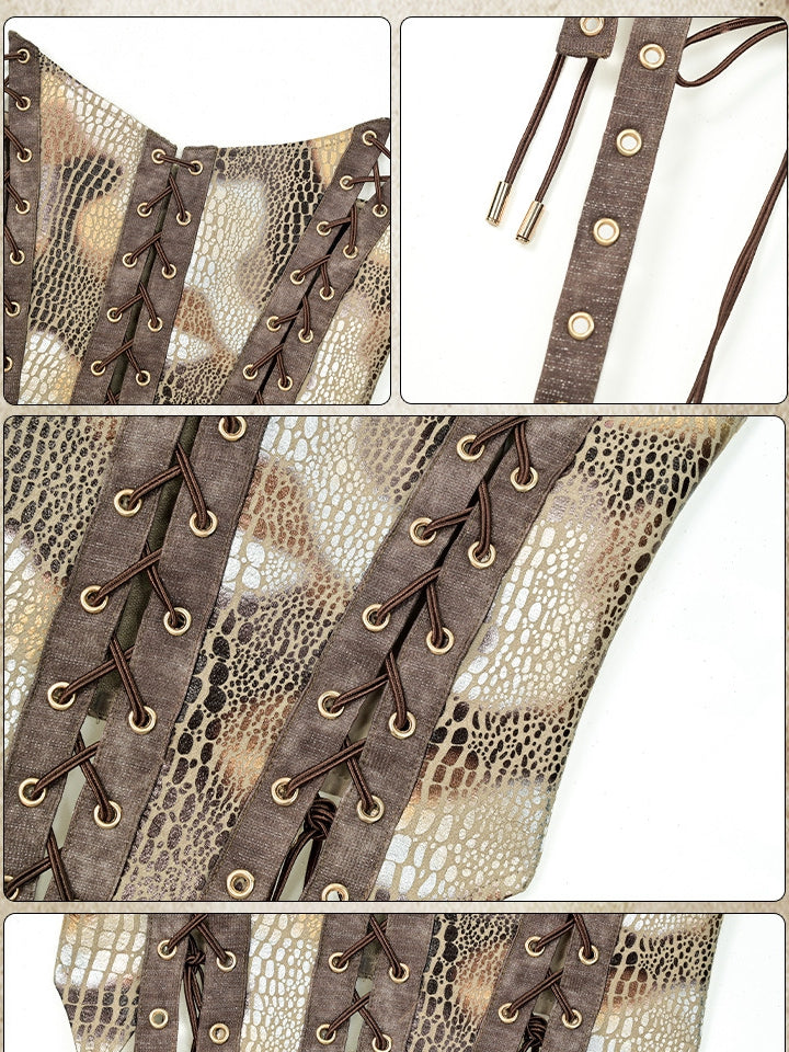 Pattern Punk Wasteland Braunes Tube Top mit Schnürung und Schlangenhaut
