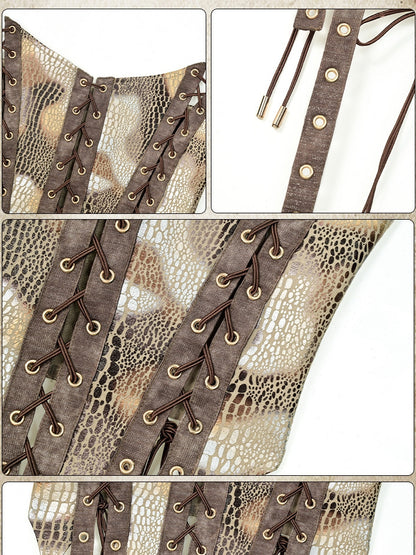 Wasteland Snakeskin Brown Top Lace-up Pattern Tube Punk Detail