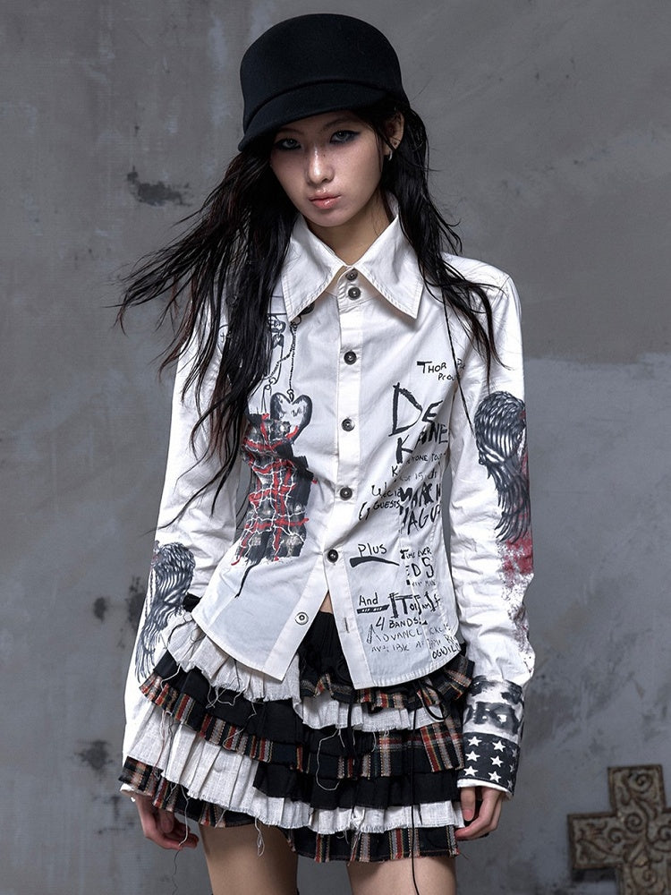 Straps Punk Beige Hand-Drawn with Motifs Back Shirt Vintage Studded