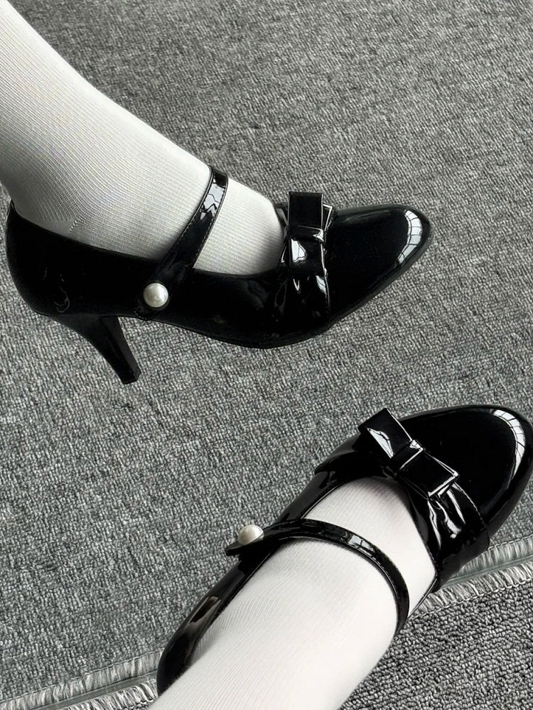 - Sweet Black PU Lace Trim Style Detachable Lolita in Leather Heels