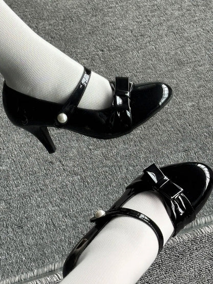 - Sweet Black PU Lace Trim Style Detachable Lolita in Leather Heels