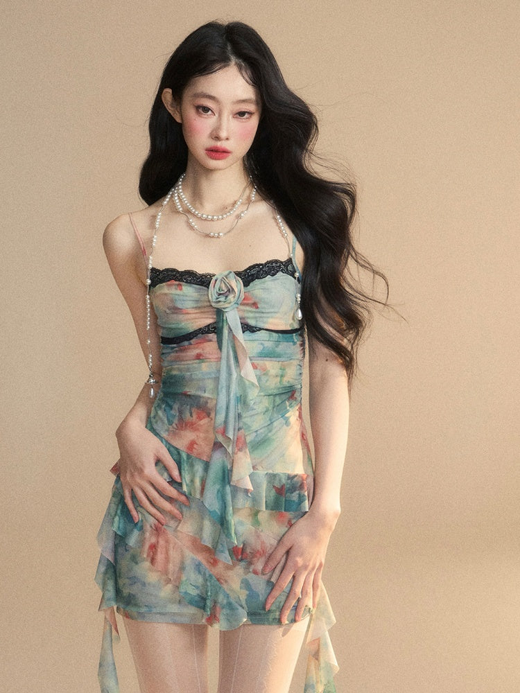 Contrast Floral Cami Dress Blue Asymmetrical Ruffled Hem Trim Lace Black