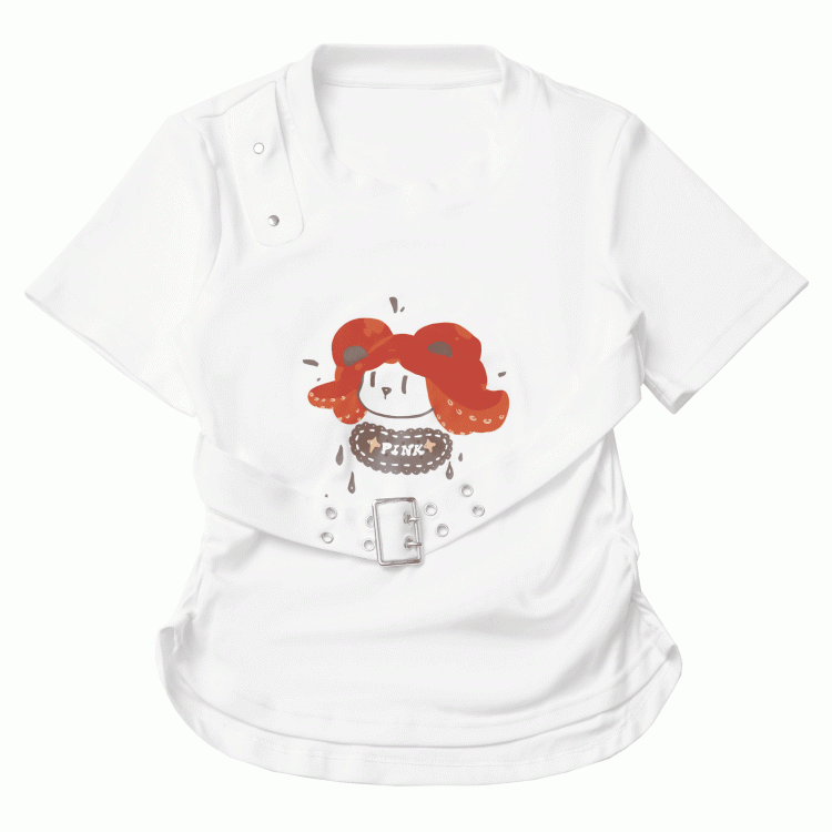 取り外し可能なバックルストラップ付きホワイトカートゥーンプリントTシャツ