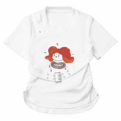取り外し可能なバックルストラップ付きホワイトカートゥーンプリントTシャツ