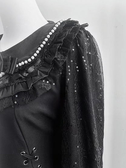 Black Jirai-Kei Lace Long Sleeve Dress with Bow & Bead Decorations + Shorts - AOSpace