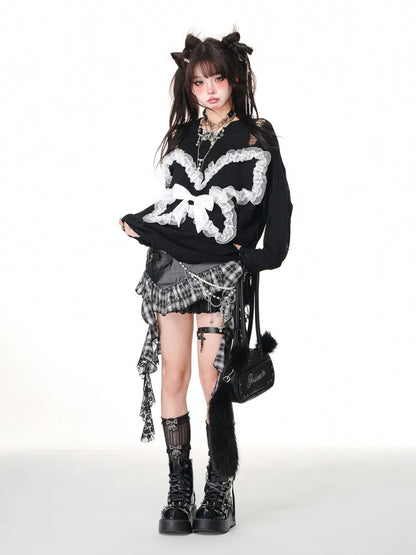 White/Black Y2K Asymmetrical Black Skirt Red Hem