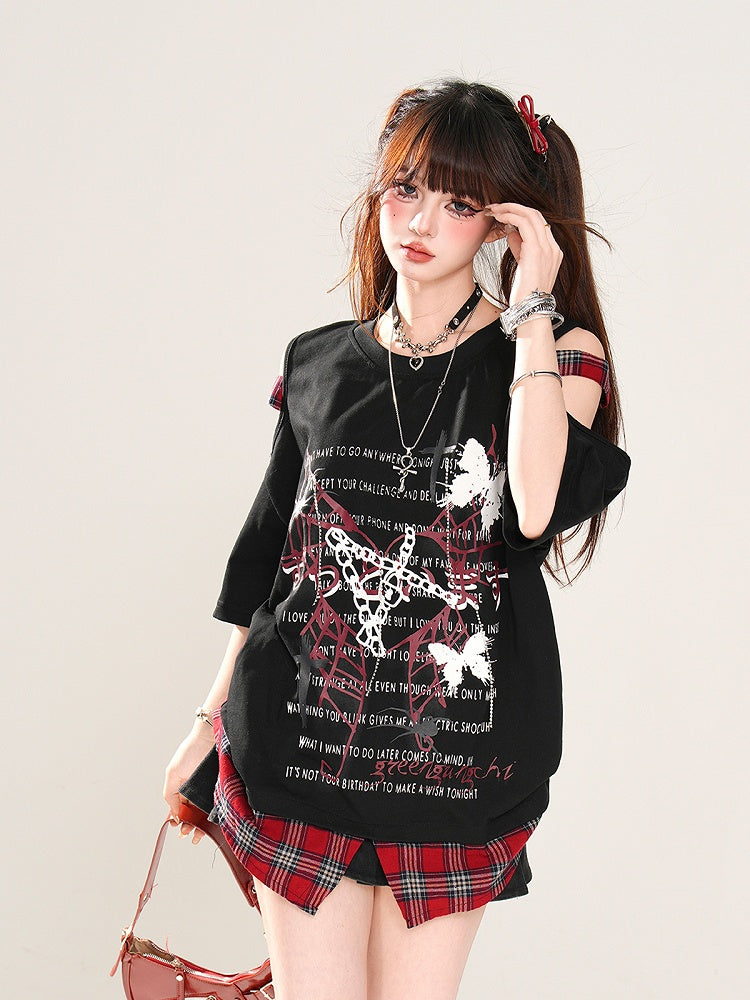 Rebel Hunter Butterfly and Spider Cutout Shoulder Plaid Patchwork Hem Black/White T-Shirt