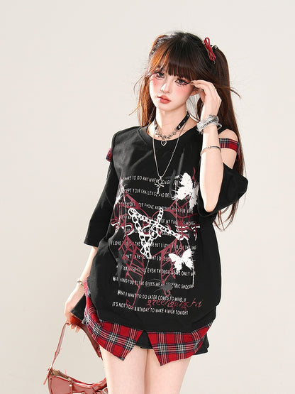 Rebel Hunter Butterfly and Spider Cutout Shoulder Plaid Patchwork Hem Black/White T-Shirt