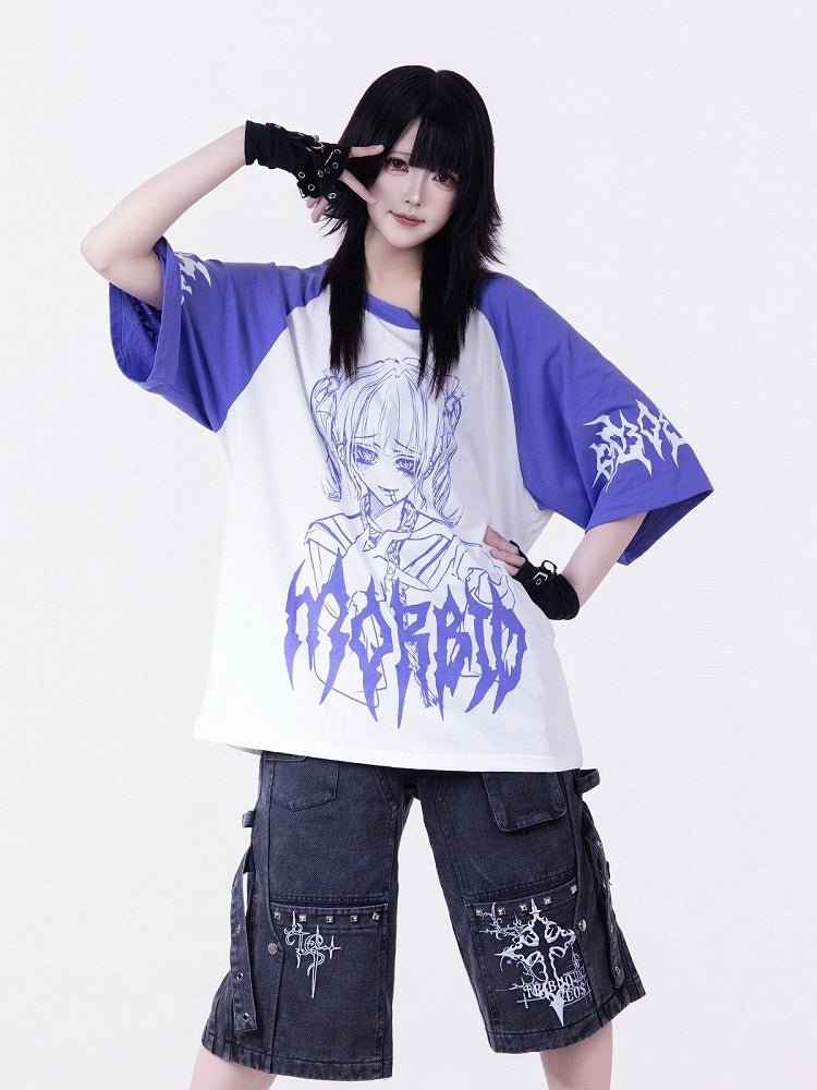 Purple Anime Girl Print Short-Sleeve Tee - Tribuo Flos