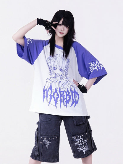 Purple Anime Girl Print Short-Sleeve Tee - Tribuo Flos