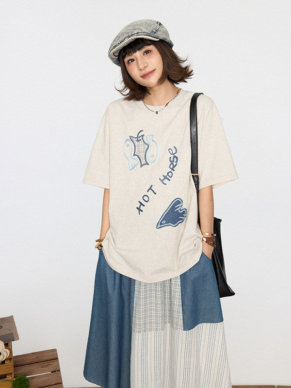 Gray Kawaii T-shirt Patch Details Embroidery Cute
