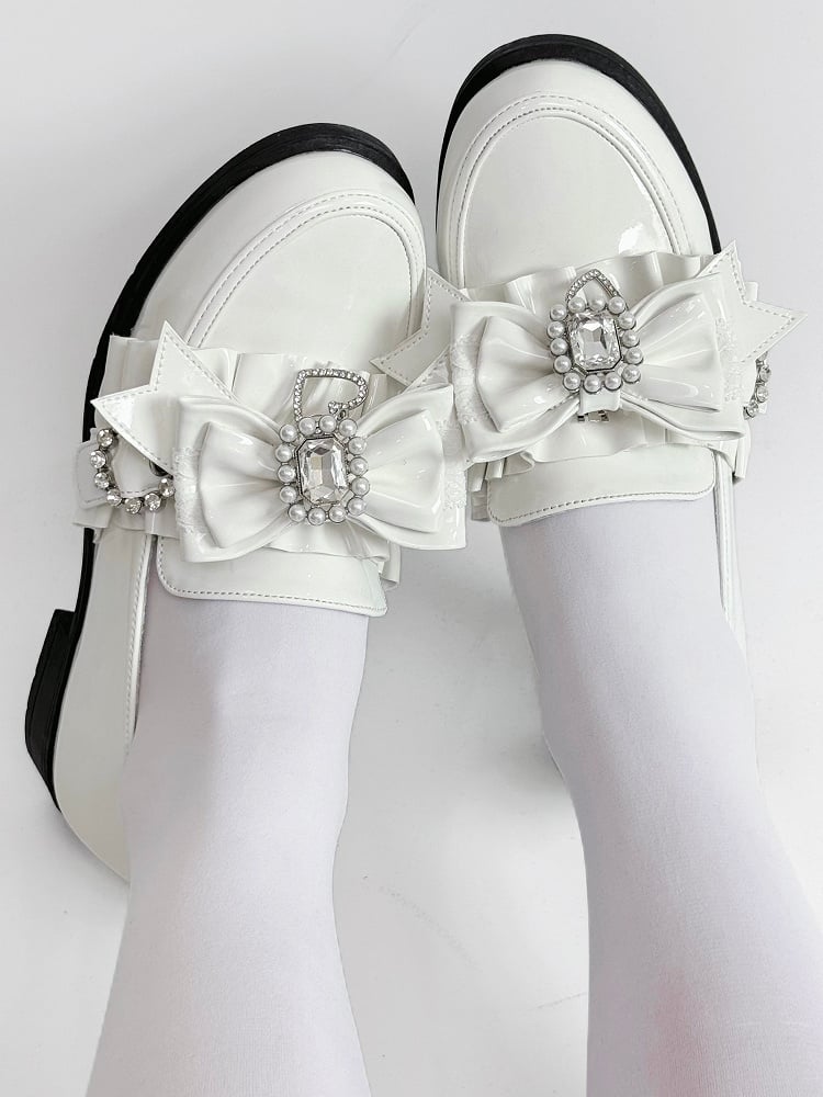 Leather Heels Rhinestone Bead PU Kei with Low Bow Jirai Polished White