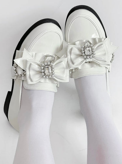 Leather Heels Rhinestone Bead PU Kei with Low Bow Jirai Polished White