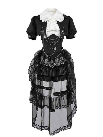 Black and White Prince Ouji Lolita Outfit - White Sleeveless Shirt + Black Cropped Top + Hiigh Waist Blommer Shorts Full Set