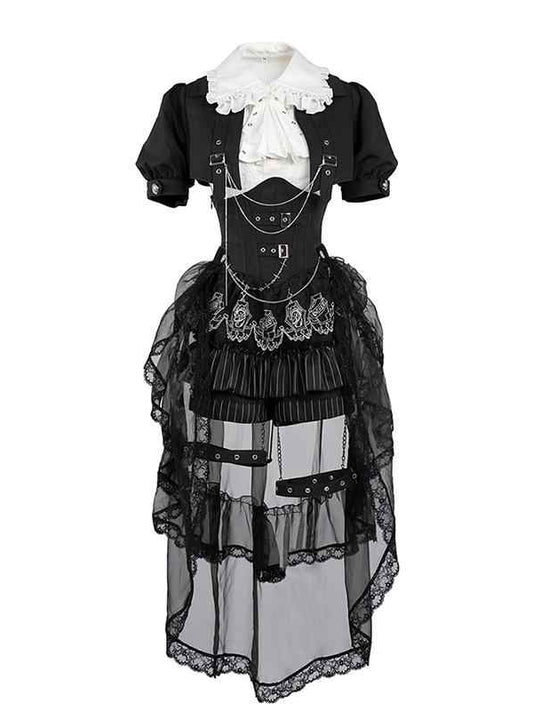 Black and White Prince Ouji Lolita Outfit - White Sleeveless Shirt + Black Cropped Top + Hiigh Waist Blommer Shorts Full Set