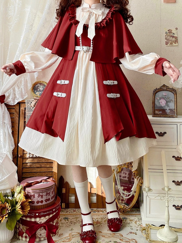 Lolita Dress Design Collar Sleeves Long and Cape Beige Red Banded