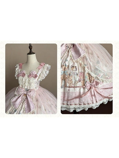 Sweet Lolita JSK Dress Set with Kawaii Bear Ears, Open Back Hem and Floral Print - Treasure House