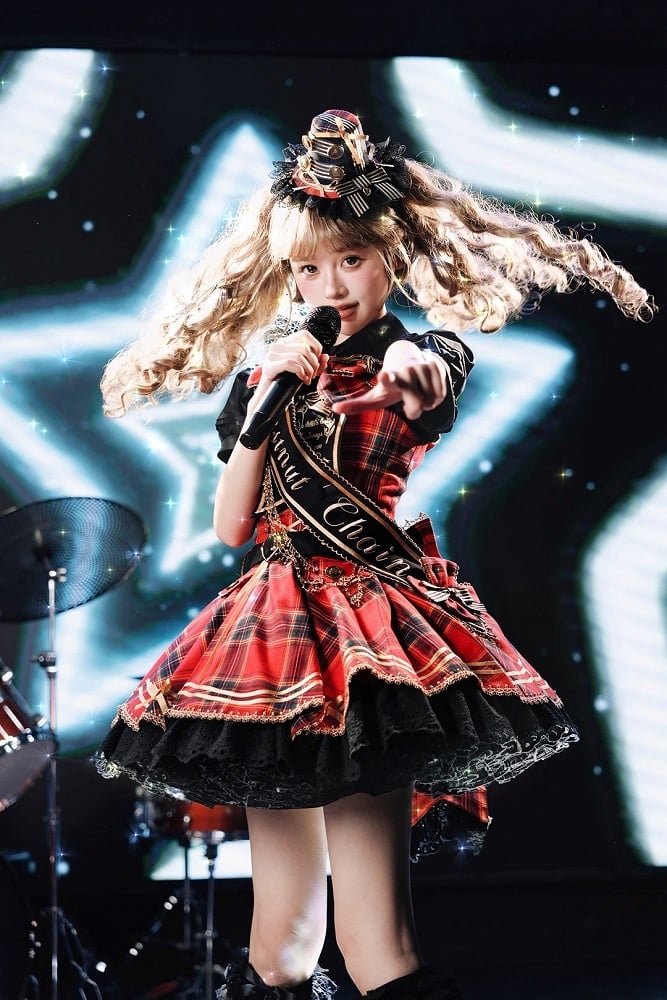 Red Idol Lolita Plaid JSK Dress with Golden Bear Embroidery and Black Scalloped Hem - LiLi Chain