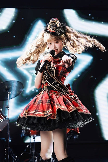 Red Idol Lolita Plaid JSK Dress with Golden Bear Embroidery and Black Scalloped Hem - LiLi Chain