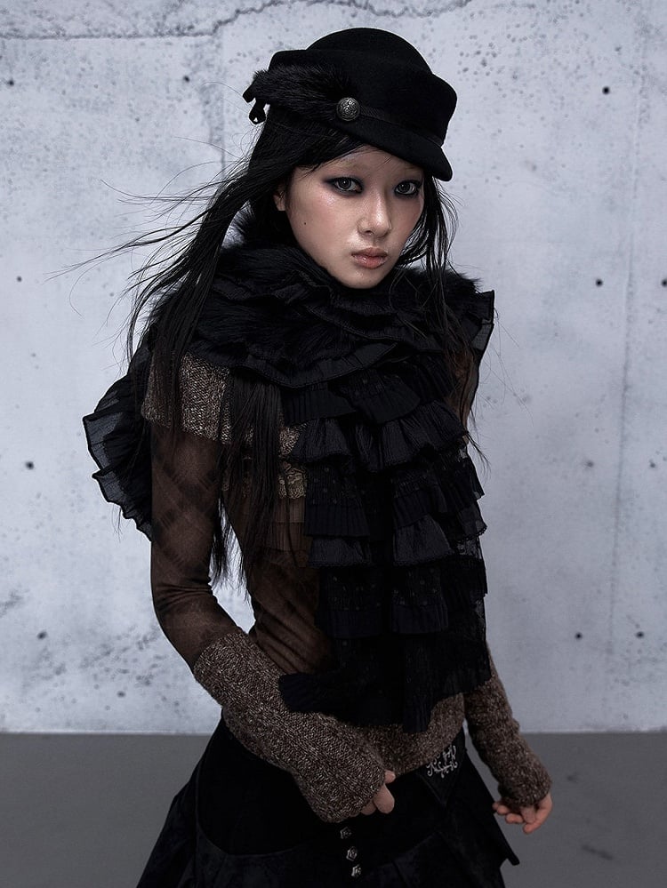 Delicate Lace Vintage Plush Layered Punk Scarf Ruffles - Black