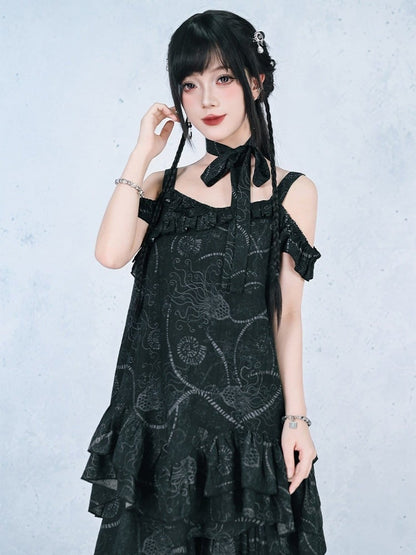 Gothic Black Off-Shoulder Cami Sea Lily Ruffle - Quirky Hut