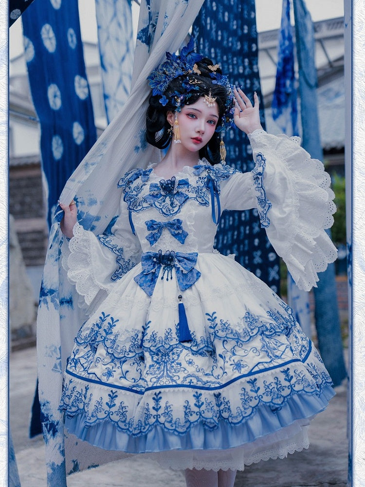Blue Floral Embroidered Lace Short Sleeve One-Piece - Bramble Rose
