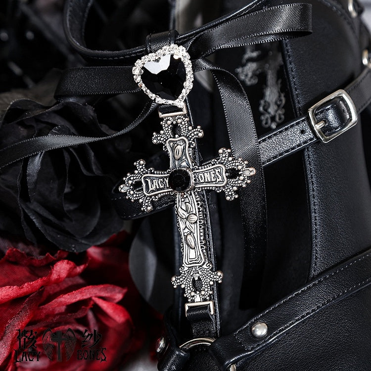 Lace-Up - Platform Heart Detachable Back with Rhinestone Black at Gothic Janes Charm Cross Bow Mary