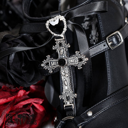 Lace-Up - Platform Heart Detachable Back with Rhinestone Black at Gothic Janes Charm Cross Bow Mary