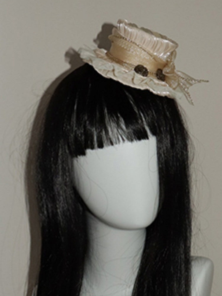 Button Beige Decorated Hat Design Beaded Bowknot And Mini