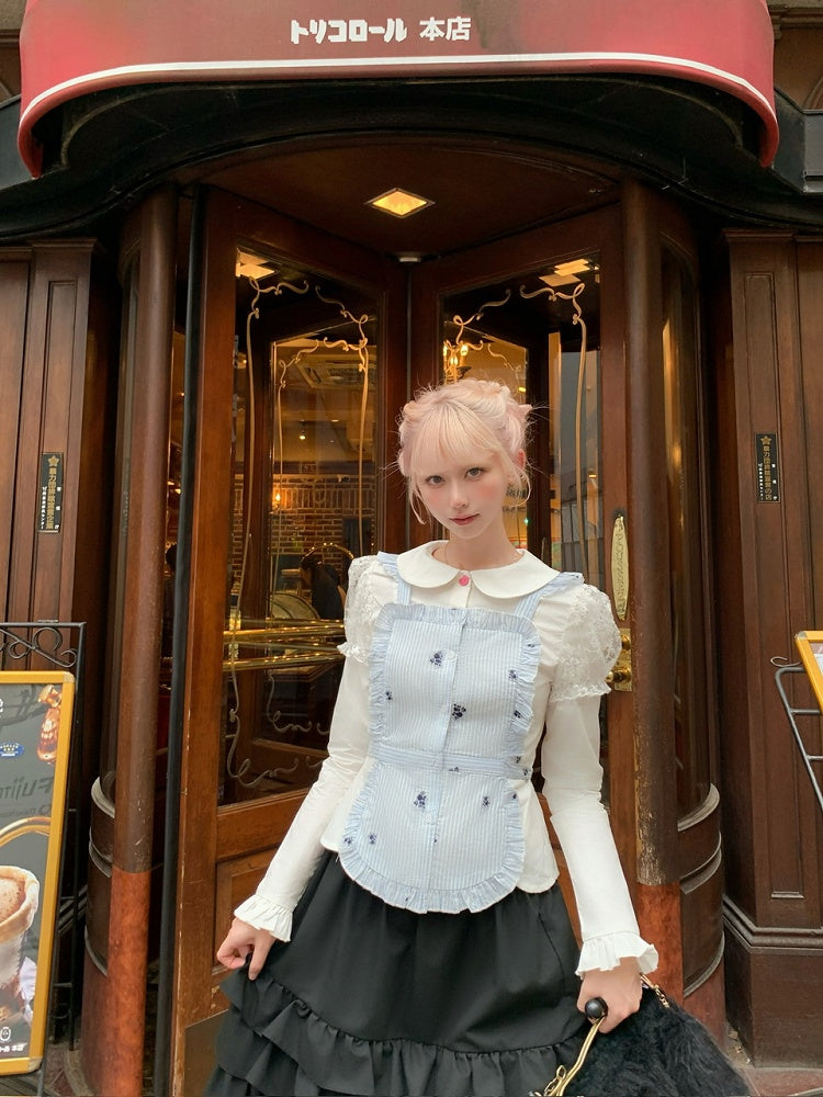 Top Ruffled Apron Black/White Peter with Pan Collar Faux Two-Piece