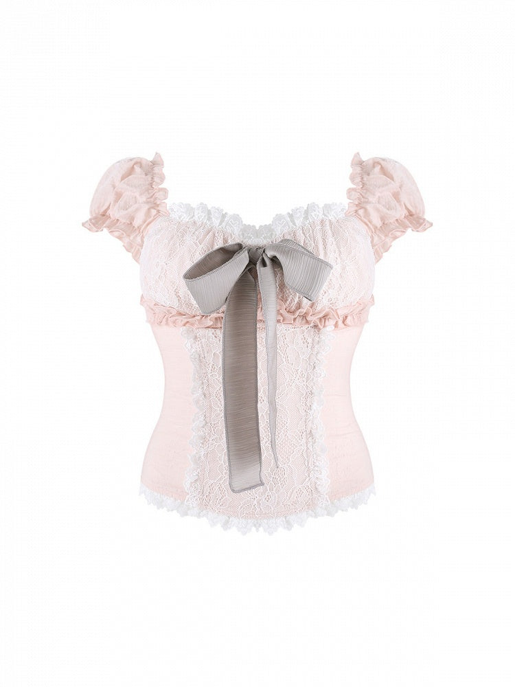 Pink Lace-Trim Puff-Sleeve Top with Sash Detail - serendipity