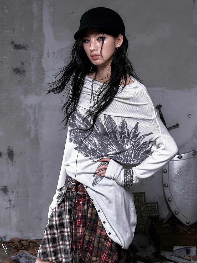 Studded Hoodie Neck Beige Punk Wing Off-Shoulder Wasteland Cowl Convertible with Design Print