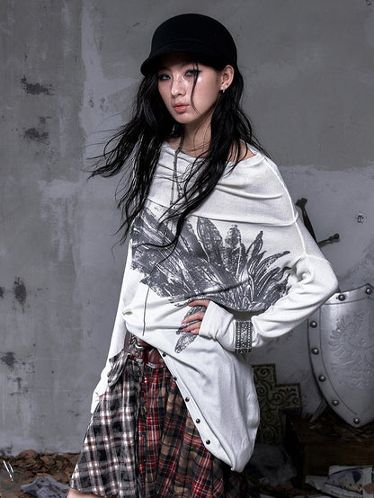Studded Hoodie Neck Beige Punk Wing Off-Shoulder Wasteland Cowl Convertible with Design Print