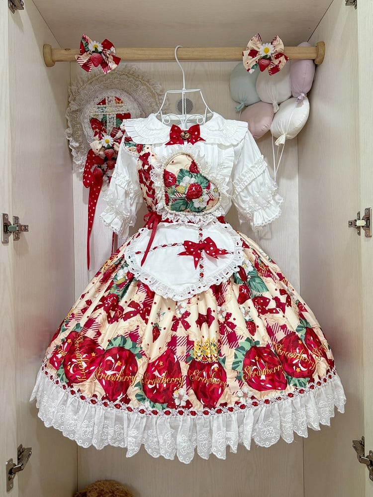 Dress Lolita Overall Heart Apricot Apron One-shoulder with Print Strap Strawberry Sweet