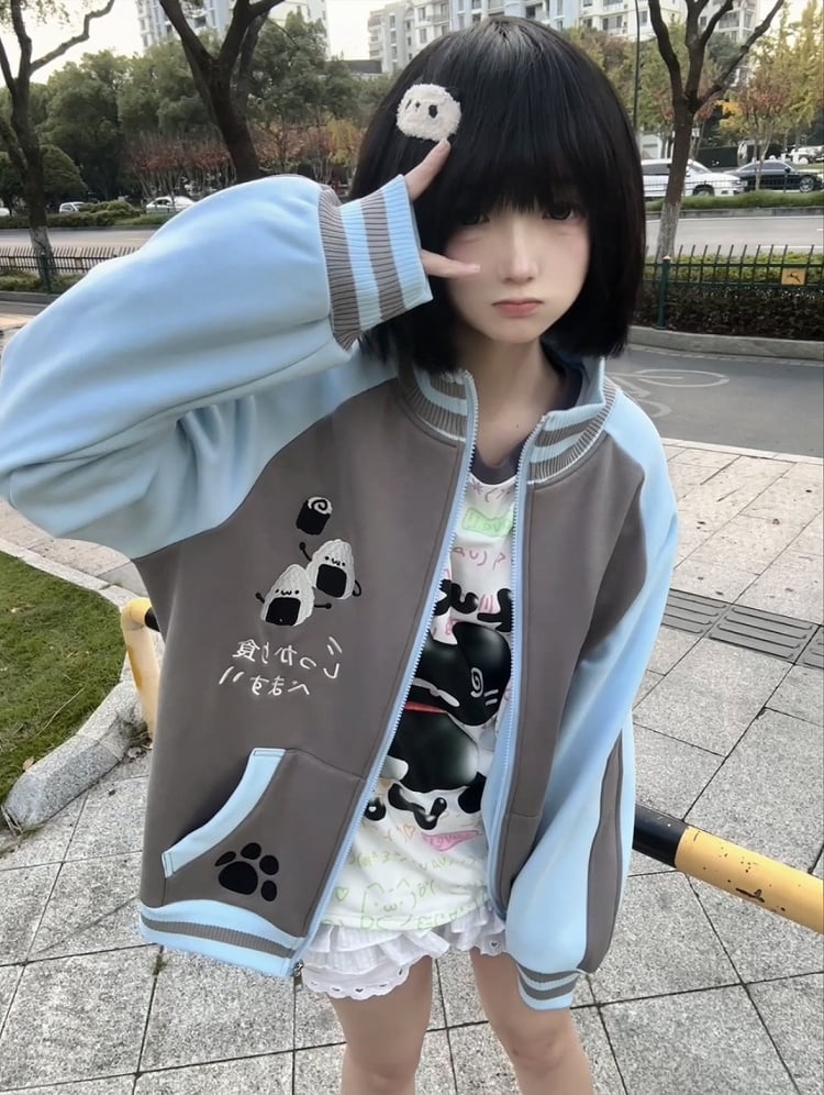 Blue and White Colorblock Long Sleeve Top with Cat Print
