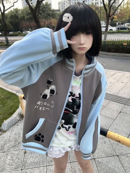 Blue and White Colorblock Long Sleeve Top with Cat Print