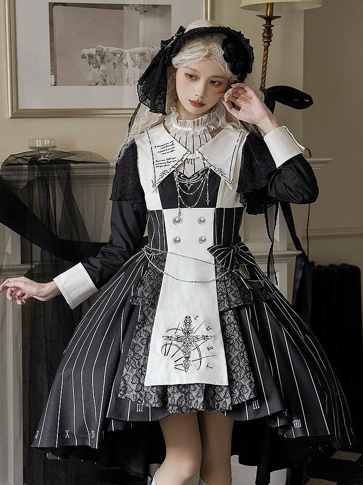 Chain+Pocket Chain+Detachable Collar Watch Embroidery+Waist Cross White Set Full Dress Striped with Nun Lolita Belt+Waist Black