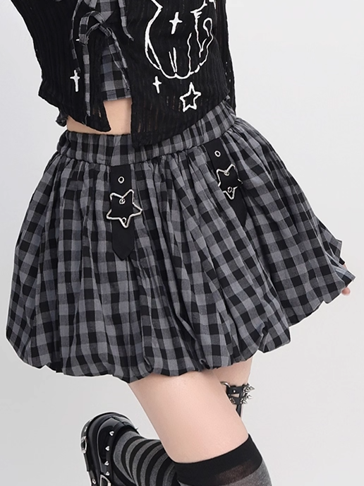 Plaid Bubble Skirt Y2K Gray / Red Star Buckles Black Black
